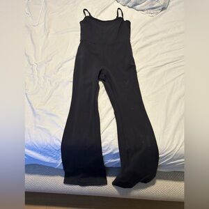 Wilfred Free Divinity Flare Black High Stretch Jumpsuit, Adjustable Straps